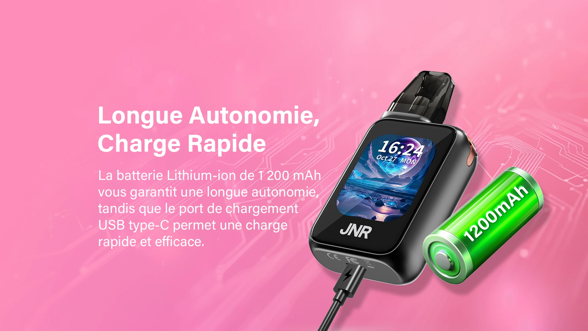 Batterie 1200 mAh et recharge USB-C du JNR Flux Pro